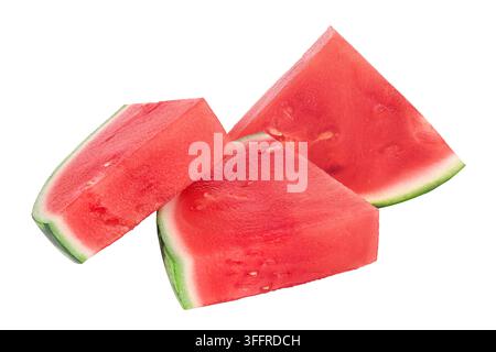 Red seedless watermelon slices isolated on white background with full depth of field. Stock Photo