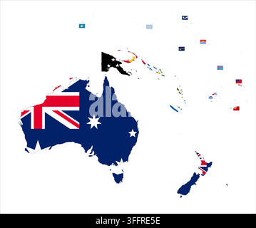 Flag mosaic map of Australia and Oceania. Each country filled by official national flag. Colorful political map illustration showing states isolated on a white background. Stock Vector