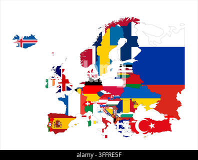 Flag mosaic map of Europe. Each country filled by official national flag. Colorful political map illustration showing states isolated on a white background. Stock Vector