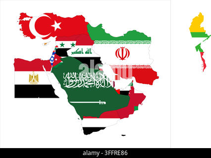 Flag mosaic map of Middle East. Each country filled by official national flag. Colorful political map illustration showing states isolated on a white background. Stock Vector