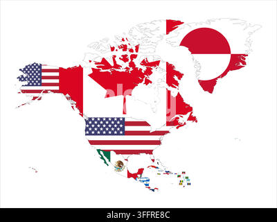 Flag mosaic map of North America. Each country filled by official national flag. Colorful political map illustration showing states isolated on a white background. Stock Vector