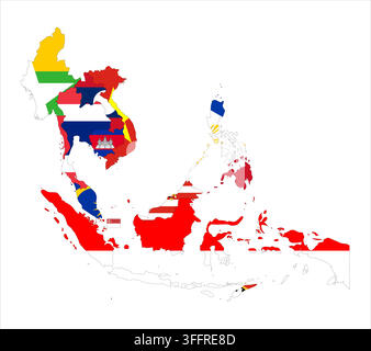 Flag mosaic map of Southeast Asia. Each country filled by official national flag. Colorful political map illustration showing states isolated on a white background. Stock Vector