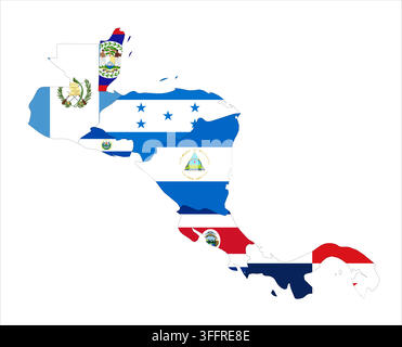 Flag mosaic map of Central America. Each country filled by official national flag. Colorful political map illustration showing states isolated on a white background. Stock Vector
