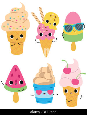 Cute ice cream cartoon character set isolated on white background. Kawaii summer dessert vector collection including waffle cones, popsicles, sundae, Stock Vector
