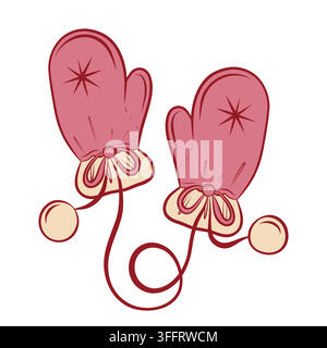 Vector illustration of pink winter mittens with pom poms Stock Vector