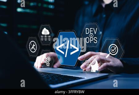 DevOps automation and AI software development concept. Programmer using laptop with coding icons, cloud data system, gears, analytics, deployment work Stock Photo