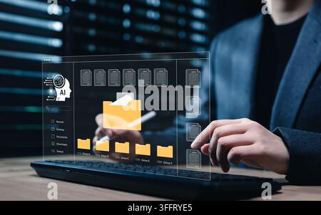 AI document management system and smart file organization concept. Businesswoman typing on keyboard to operate folder archive, paperless digital docum Stock Photo