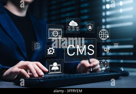 CMS Content management system and website administration concept. Developer using computer, CMS icons, cloud hosting, cybersecurity, web development, Stock Photo