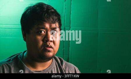 A close up portrait captures a young indonesian male displaying a stunned and blank facial expression against a vibrant green textured background. The Stock Photo