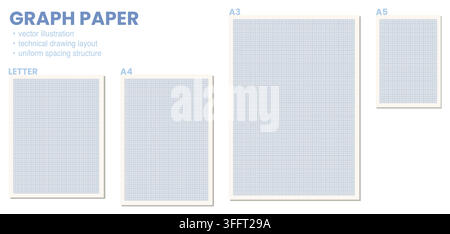 Set of four portrait blue grid graph templates labeled Letter, A4, A3 and A5 on ivory sheets over white. Ideal for printable technical layouts, school Stock Vector