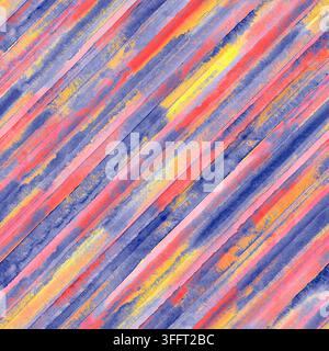 Seamless watercolor pattern with expressive diagonal stripes in coral, blue, pink and golden yellow. A vibrant hand-painted design with layered brush Stock Photo