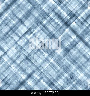 Seamless watercolor pattern of layered diagonal bands in soft denim and dusty blue, creating an airy woven lattice effect with translucent hand-painte Stock Photo