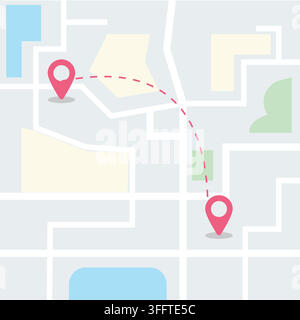 Flat vector illustration of a city map featuring roads, parks, water, and a dashed route line connecting two pink location marker pins. Stock Vector