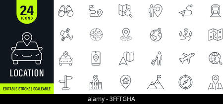 Location web icons in line style. GPS, map, navigation, route, destination, travel, transportation and location services set vector illustration. Stock Vector