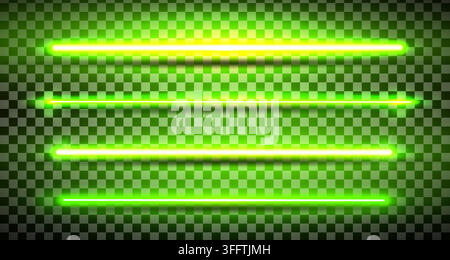 Green lazer straight lines pack isolated. Neon glowing laser beam effect with shadows. Fluorescent LED electric luminous line. Led light halogen dynam Stock Vector