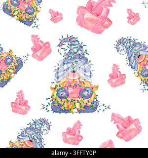 Watercolor seamless Christmas pattern with cute gnome, pink gift boxes and fairy lights. Stock Photo