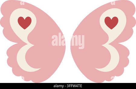 Flat illustration of rounded blush pink wings with scalloped inner shapes and small heart cutouts near the top Stock Vector