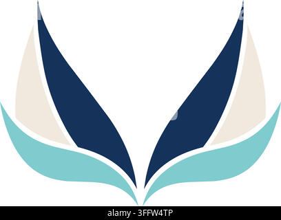 Flat illustration of a refined pair of long pointed wings in navy teal and cream with sweeping curved shapes Stock Vector