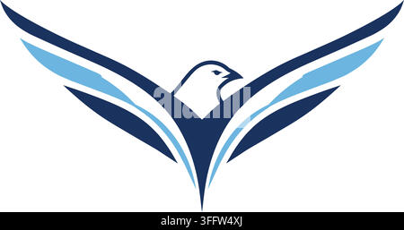 Flat illustration of a stylized bird silhouette with spread navy wings and light blue inner feather bands forming an emblem design Stock Vector