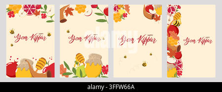 Set of four Yom Kippur greeting card designs with Happy Yom Kippur text, featuring honey jars, bees, pomegranates, apples, shofars, and autumn leaves. Stock Vector