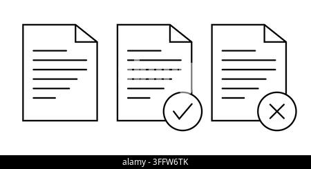 Document evaluation icon set. Line art icons of three sheets of paper representing draft, approved, and rejected status. Vector illustration. Stock Vector
