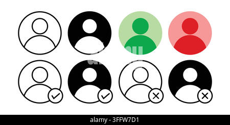 Set of user profile icons in line art, solid black, and colorful designs, featuring check mark and cross status badges. Vector illustration. Stock Vector