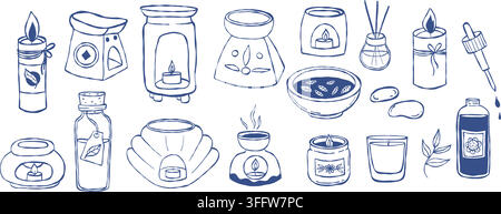 Aromatherapy and Spa Set. Blue Line Art Doodle of Aroma Lamps, Candles, Essential Oil Bottles, Dropper, and Massage Stones. Isolated hand-drawn on Whi Stock Vector