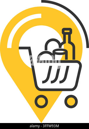 Food delivery service - Shopping cart full of food, drinks, grocery. Icon or logo template in bold lines, simple aesthetic Stock Vector