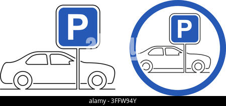Parking traffic sign Icon vector isolated for graphic and web design. car symbol and P letter. In thin line Stock Vector