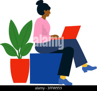 Woman working remotely on a laptop beside a potted plant, illustrating home office, freelance work, online business, digital productivity, flexible wo Stock Vector