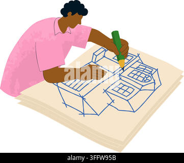 Architect drafting a residential house blueprint with pencil on paper, showing floor plans, construction planning, architectural design, engineering, Stock Vector