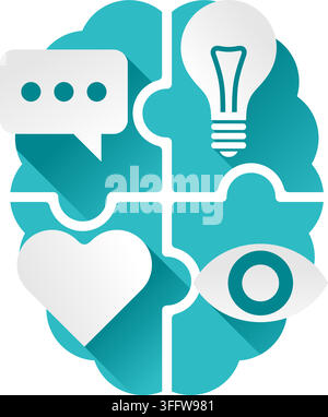 Cognitive Psychology concept - Four puzzle pieces as a brain with icon on each piece, with long shadows Stock Vector