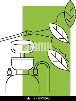 Spraying pesticide or insecticide. Hand gardening sprayer with fertilizer. Chemical treatment of garden plants concept. Vector illustration Stock Vector