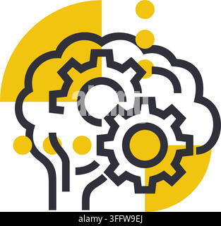 Brain Boost or Development technique. Human brain with gears mechanism and arrow up. Psychological vector concept in bold line Stock Vector