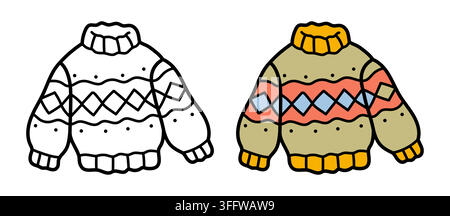 Knitted sweater line and color icon. Cozy argyle pullover doodle vector illustration. Bold easy outline coloring book element for winter fashion Stock Vector