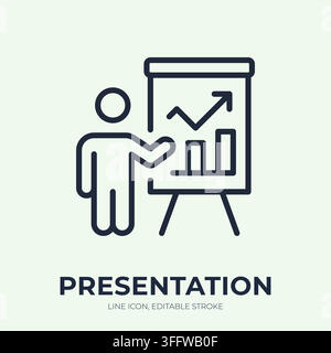 Presentation line icon. Business report linear vector illustration. Thin sign of presenter flipchart with rising graph for analytics, sales, strategy Stock Vector
