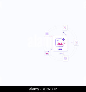 Generative AI creative tools with connected technology symbols and editable geometric shapes. Open space on the left for a headline. Stock Vector