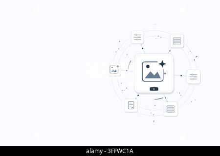 Generative AI creative tools with connected technology symbols and editable geometric shapes. Open space on the left for a headline. Stock Vector