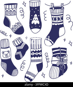 Christmas Socks and Stockings Doodle Set. Knitted Winter Decorative Hosiery on Clothespins, Holiday Gift, Trees, Bear, Floral and Geometric Pattern. V Stock Vector