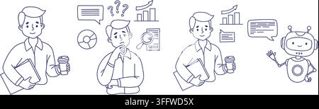 AI Chatbot Assistant and Businessman Set. Male Character Collaborating with Cute Robot. Hand Drawn Line Art. Man Thinking Over Analytics Charts and Au Stock Vector