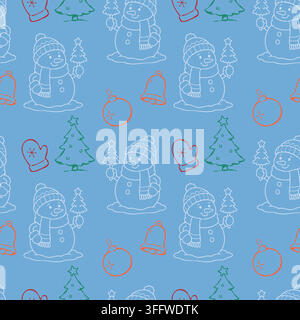 Seamless Christmas pattern with cheerful snowmen, Christmas trees, bells, mittens and baubles in colorful line art on a light blue background. Stock Vector