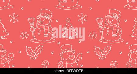 Festive holiday print featuring cheerful snowmen with top hats, Christmas trees, holly leaves, snowflakes and a broom in white line art on a red Stock Vector