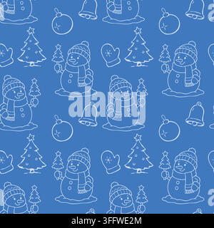 Seamless Christmas pattern with cheerful snowmen, Christmas trees, bells, mittens and baubles in white line art on a blue background. Stock Vector