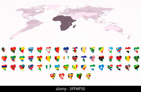 Heart-Shaped National Flags of Africa, Icon Set with World Map in Purple. Vector collection. Stock Vector