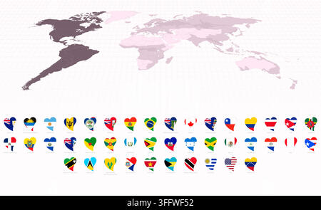 Heart-Shaped National Flags of America, Icon Set with World Map in Purple. Vector collection. Stock Vector