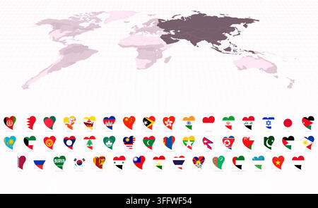 Heart-Shaped National Flags of Asia, Icon Set with World Map in Purple. Vector collection. Stock Vector