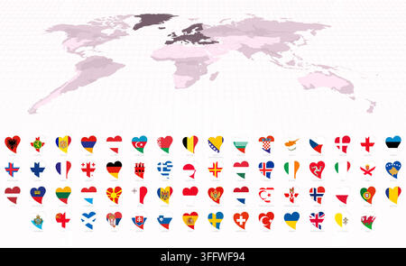 Heart-Shaped National Flags of Europe, Icon Set with World Map in Purple. Vector collection. Stock Vector