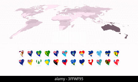 Heart-Shaped National Flags of Oceania, Icon Set with World Map in Purple. Vector collection. Stock Vector