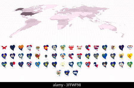 Heart-Shaped Flags of US State, Icon Set with World Map in Purple. Vector collection. Stock Vector