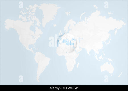A clean, minimalist world map featuring a circular zoom on the Mediterranean, highlighting Malta with its national flag colors. Stock Vector